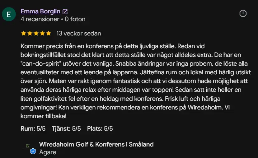 Skärmdump av Google-recension från Emma Borglin om Wiredaholm Golf och Konferens.