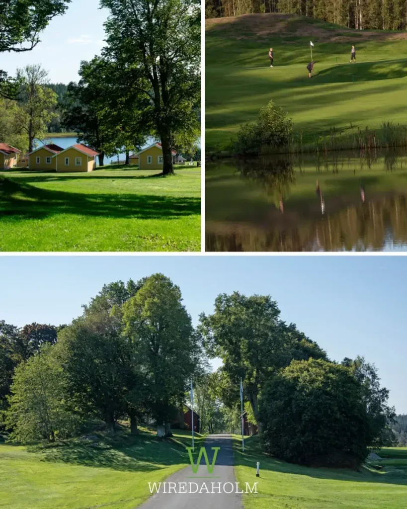 Kollage med stugor, golfbana vid vatten och infart till Wiredaholm.