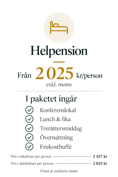 Helpension från 2025 kronor med konferenslokal, middag, övernattning och frukostbuffé.
